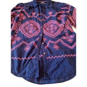 Anthropologie Pink Embroidered Navy Blue Cotton Button Down Shirt Top sz M